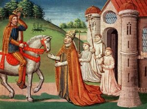 Carlomagno e o Papa Adriano I, por Antoine Vérard