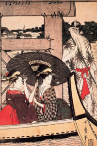 ukiyo e Disfrutando de la brisa fresca de la tarde en el puente y debajo del puente – Kitagawa Utamaro