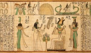 Nany ante Osiris, Isis y Neftis (Libro de los Muertos de la Cantora de Amón, Nany); Papiro pintado, c.1050 a.C., Egipto, III Periodo Intermedio. Las zonas verdes están pintadas con un pigmento de malaquita.