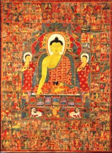 Thangka de Buda con los Cien Cuentos Jataka. Tíbet, siglos XIII-XIV