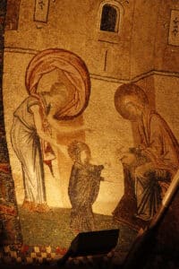 Los siete pasos de María. Mosaico del siglo XIII en la Iglesia del Salvador en Chora, Constantinopla (Turquía).
